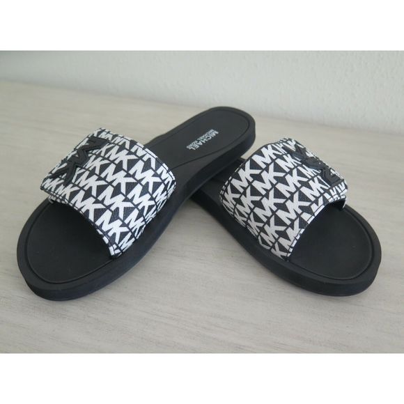 Michael Kors Wade Women's Size 6 MK Signature Logo Slide Sandals Black White - Picture 3 of 11